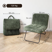 Accent chair dimensions diagram showing 55 cm width, 67.5 cm depth, 68 cm height, 41 cm seat height and 120 kg capacity beside the folded chair
