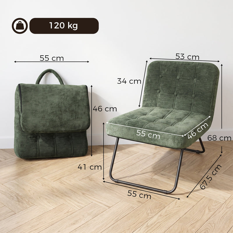 Accent chair dimensions diagram showing 55 cm width, 67.5 cm depth, 68 cm height, 41 cm seat height and 120 kg capacity beside the folded chair