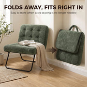 Light green accent chair open beside a window and folded flat against the wall