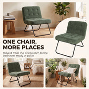 Light green accent chair shown in a living room, a bedroom and on a patio