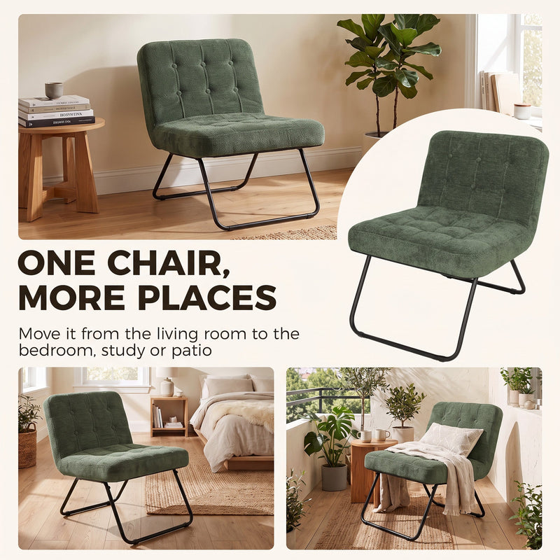 Light green accent chair shown in a living room, a bedroom and on a patio