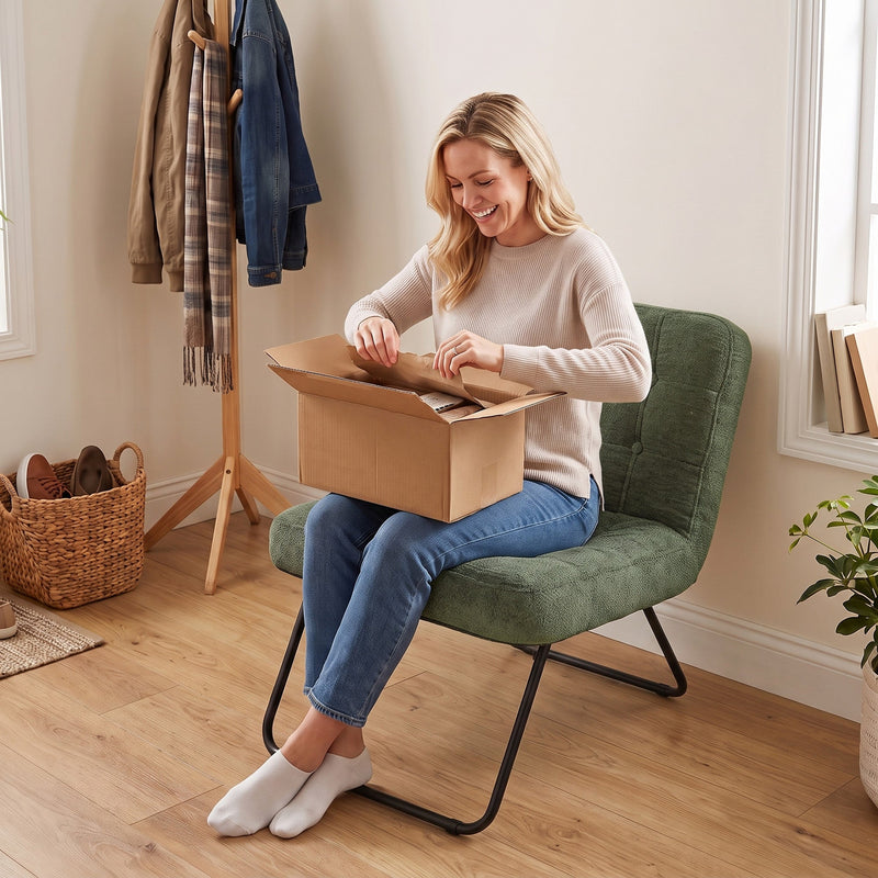 Woman opening the delivery box while sitting on the light green accent chair