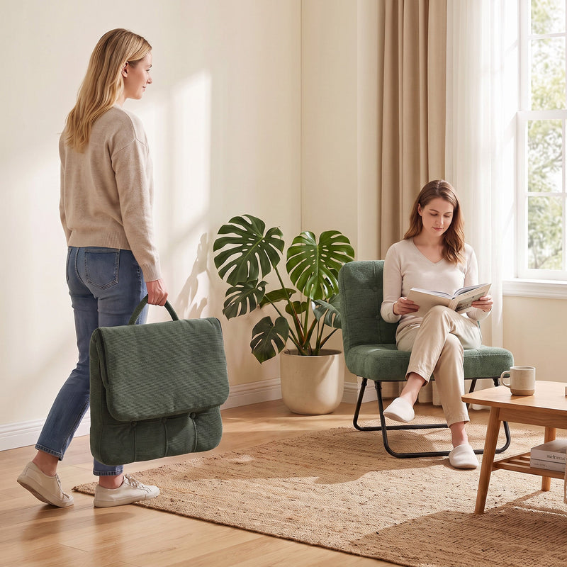 Woman carrying the folded light green accent chair past a reader seated on another