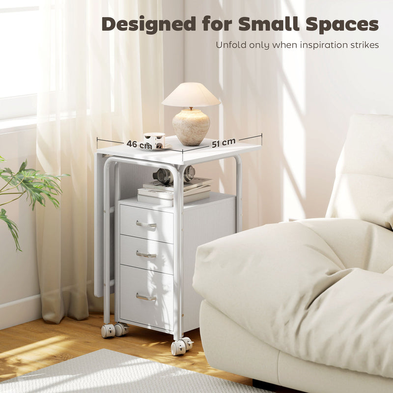 Desk folded to a compact 46 x 51 cm unit with 3 drawers beside a cream sofa and a designed for small spaces caption