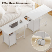 Two white foldable desks on a rug showing the swivel wheels, with a wheel lock close-up