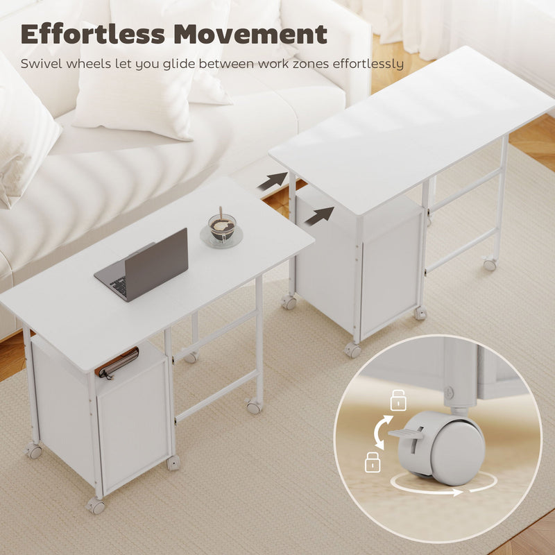 Two white foldable desks on a rug showing the swivel wheels, with a wheel lock close-up
