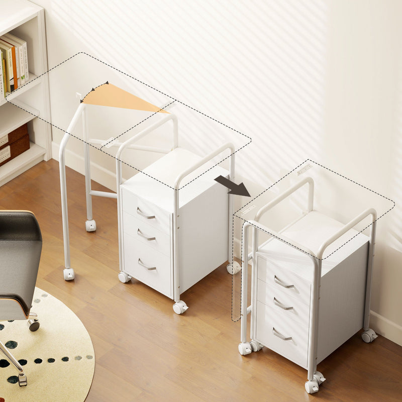 Outline illustration of the folding tabletop sliding over the 3-drawer unit as the desk folds away