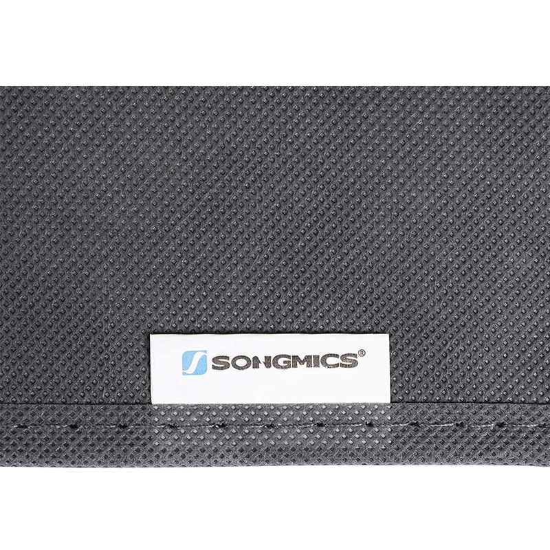 Close-up of the Songmics label stitched onto the grey non-woven fabric