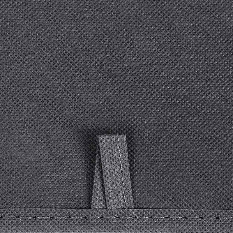 Close-up of the stitched fabric tab inside a grey organiser box