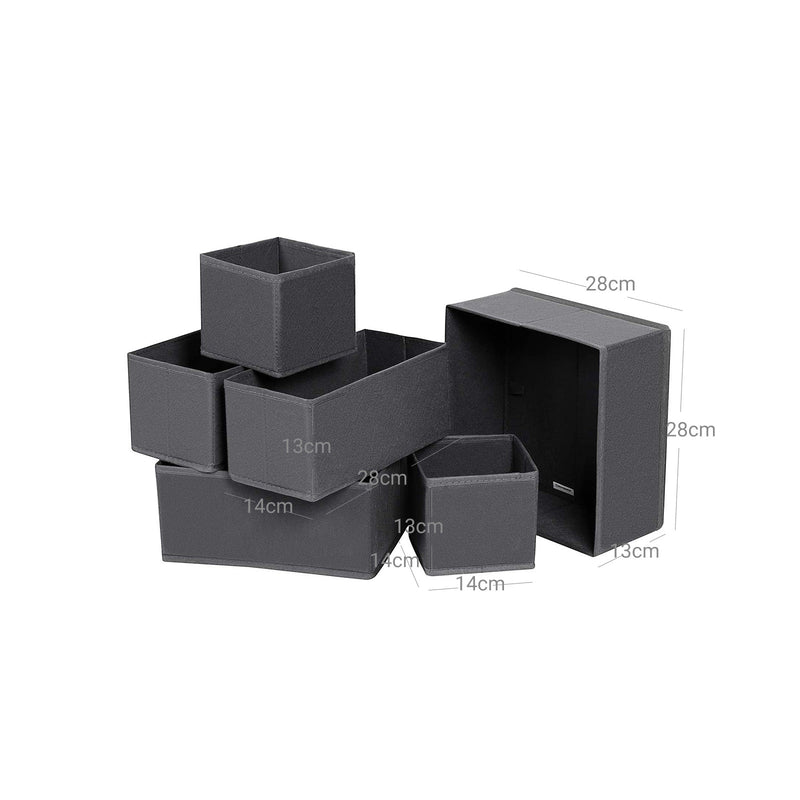 Dimension diagram showing box sizes of 28 x 28 x 13, 28 x 14 x 13 and 14 x 14 x 13 cm