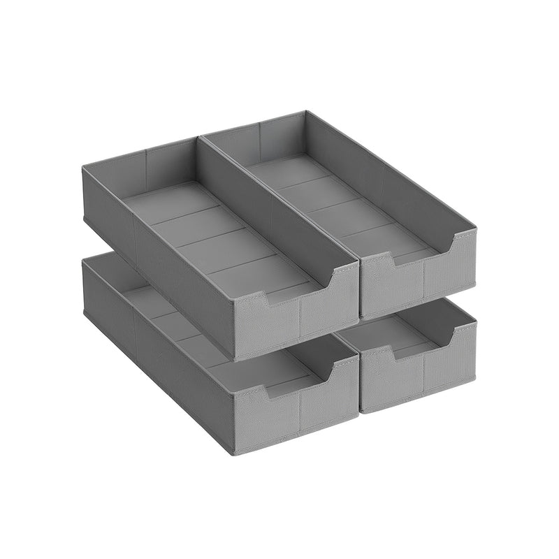 Studio shot of four grey fabric drawer organisers stacked together