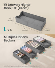 Compatibility diagram showing the organiser fitted inside several wardrobe drawer styles