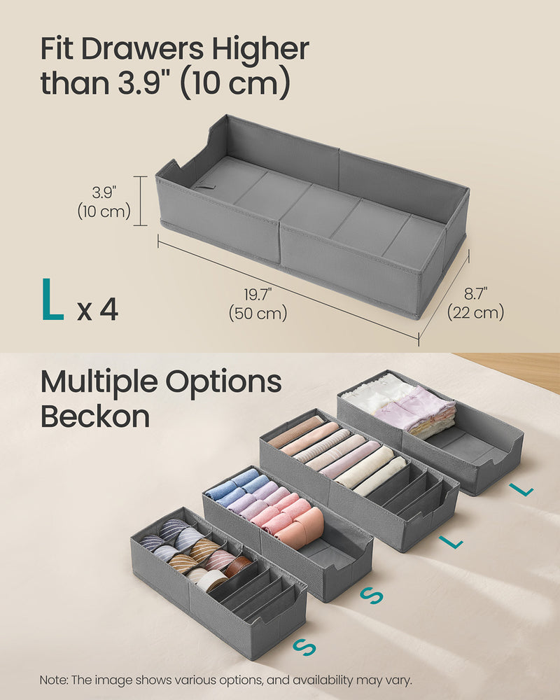 Compatibility diagram showing the organiser fitted inside several wardrobe drawer styles