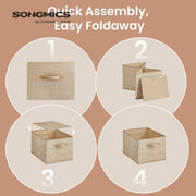 4-step diagram showing the bin unfolding and the base board slotting in