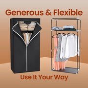 Black foldable fabric wardrobe with hanging rail, unzipped to show folded items and hanging clothes