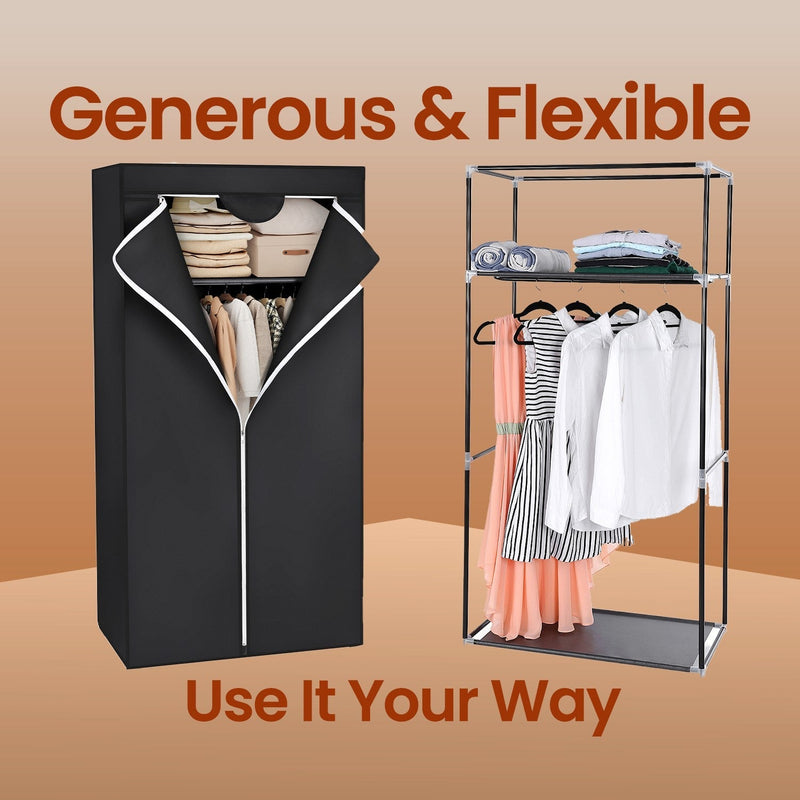 Black foldable fabric wardrobe with hanging rail, unzipped to show folded items and hanging clothes