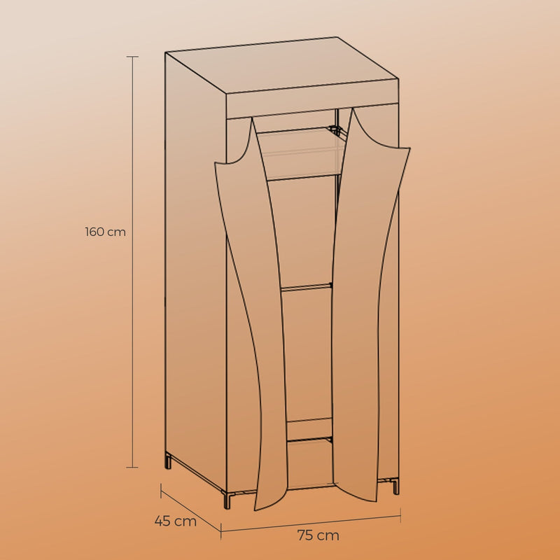 Dimensions diagram of foldable wardrobe, 75 x 45 x 160 cm