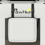 Close-up of the PawHut logo, buckle straps and front storage pocket