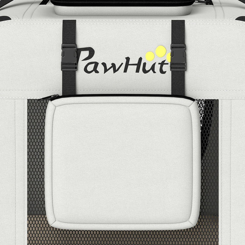 Close-up of the PawHut logo, buckle straps and front storage pocket