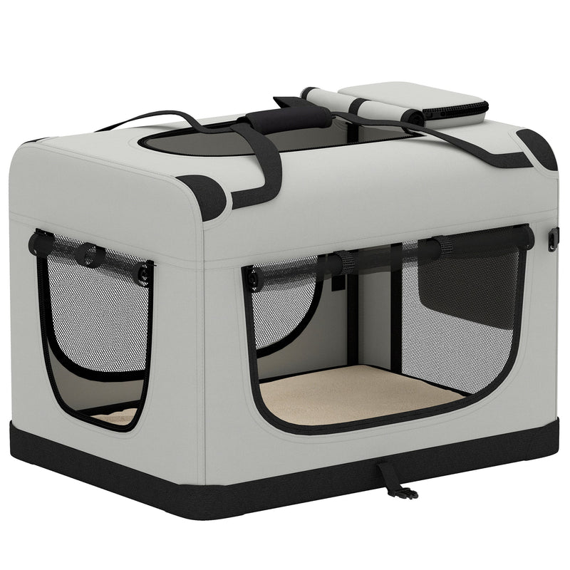 Light grey foldable pet carrier with black trim and mesh windows on a white background