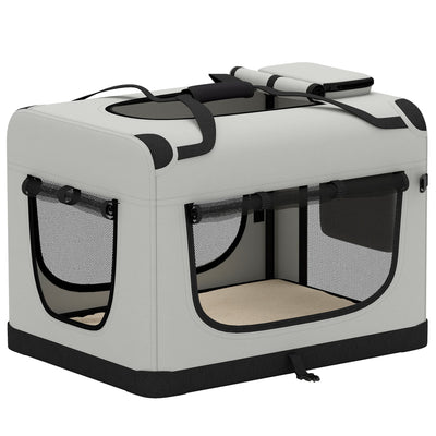 Light grey foldable pet carrier with black trim and mesh windows on a white background