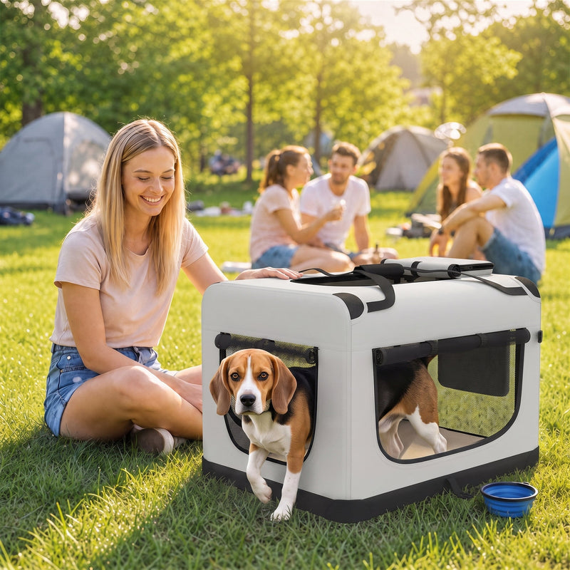 Beagle looking out of the grey pet carrier at a picnic with a collapsible bowl beside it