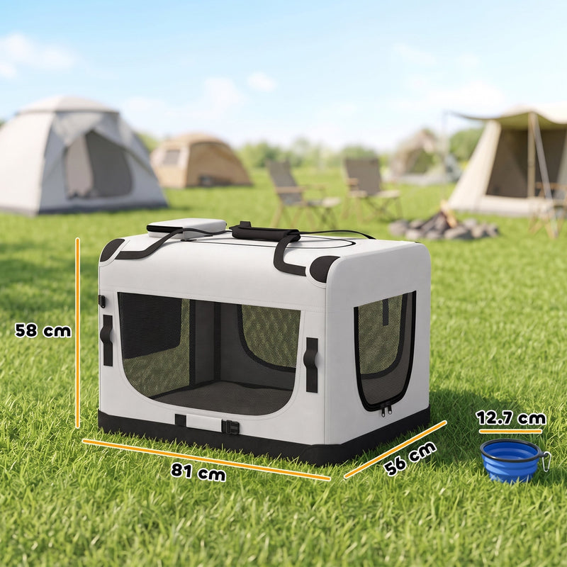 Pet carrier dimensions on grass showing 81 cm length, 56 cm depth and 58 cm height