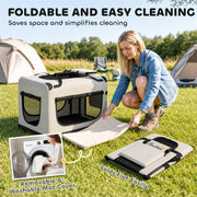 Woman removing the cushion from the carrier beside the folded flat carrier and washing machine inset