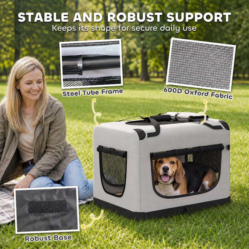Pet carrier with callouts for the steel tube frame, 600D Oxford fabric and robust base