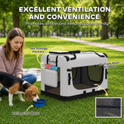 Pet carrier showing two storage pockets, mesh windows and a collapsible bowl for a beagle