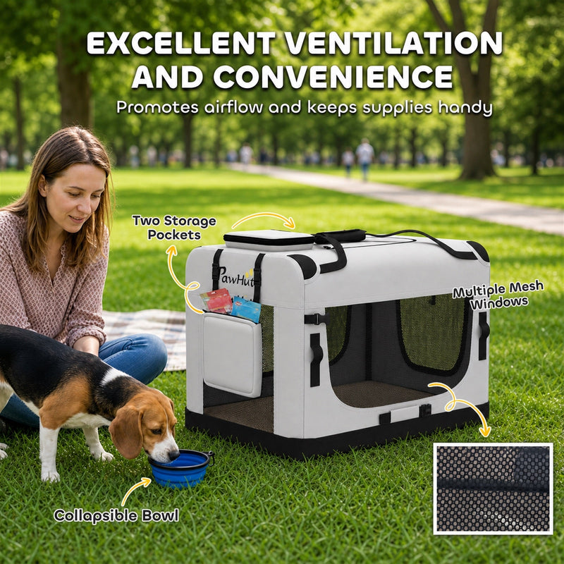 Pet carrier showing two storage pockets, mesh windows and a collapsible bowl for a beagle