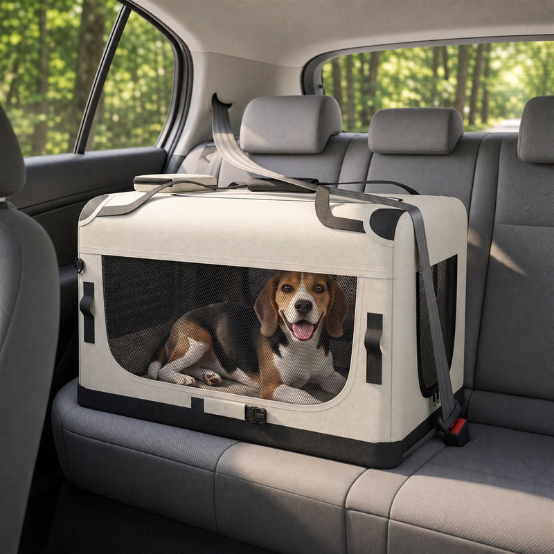 Beagle inside the pet carrier secured on a car back seat with the security strap