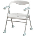 HOMCOM foldable shower chair, front three-quarter studio view showing the white seat, silver aluminium frame and light green feet