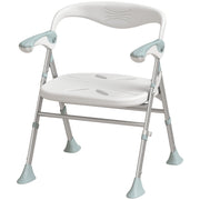 HOMCOM foldable shower chair, front three-quarter studio view showing the white seat, silver aluminium frame and light green feet