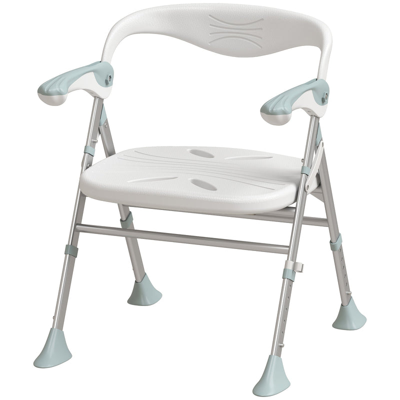 HOMCOM foldable shower chair, front three-quarter studio view showing the white seat, silver aluminium frame and light green feet