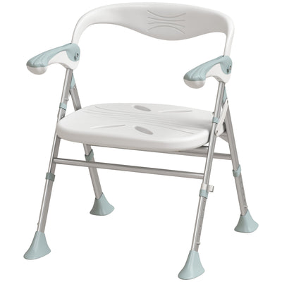 HOMCOM foldable shower chair, front three-quarter studio view showing the white seat, silver aluminium frame and light green feet