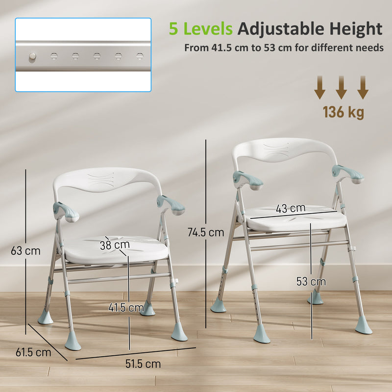 Shower chair height adjustment diagram showing seat heights from 41.5cm to 53cm and overall height to 74.5cm