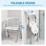 Diagram showing the shower chair folded flat to 51.5cm wide, 12cm thick and 95cm tall for storage