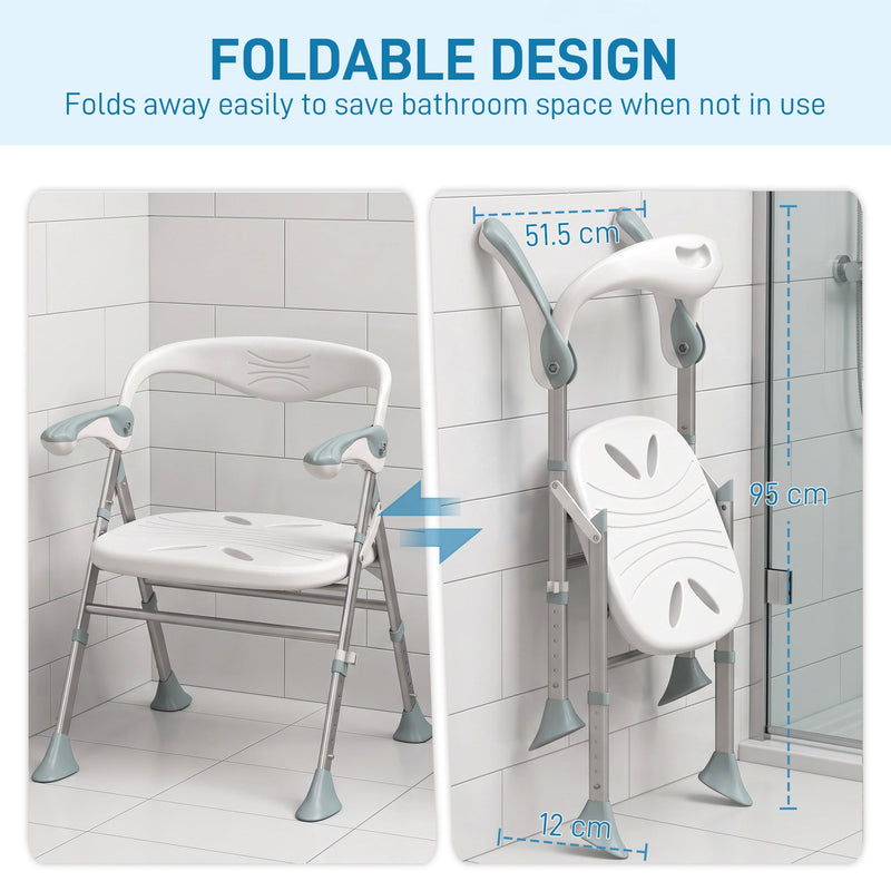 Diagram showing the shower chair folded flat to 51.5cm wide, 12cm thick and 95cm tall for storage
