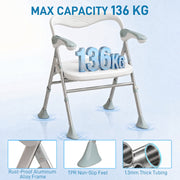 Close-up graphic showing the 136kg weight capacity, rust-proof aluminium frame joint and TPR non-slip foot