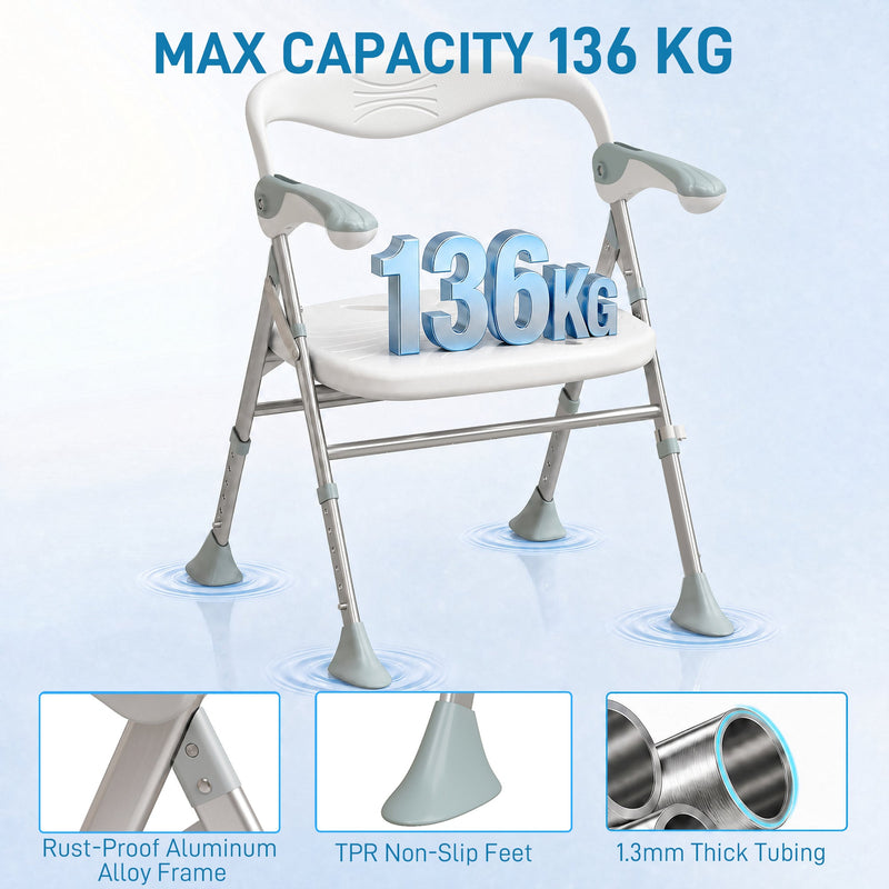 Close-up graphic showing the 136kg weight capacity, rust-proof aluminium frame joint and TPR non-slip foot