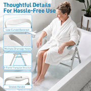 Infographic highlighting the low curved backrest, drainage holes, A-frame structure and groove carry handle