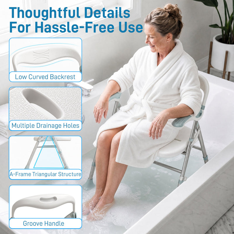 Infographic highlighting the low curved backrest, drainage holes, A-frame structure and groove carry handle