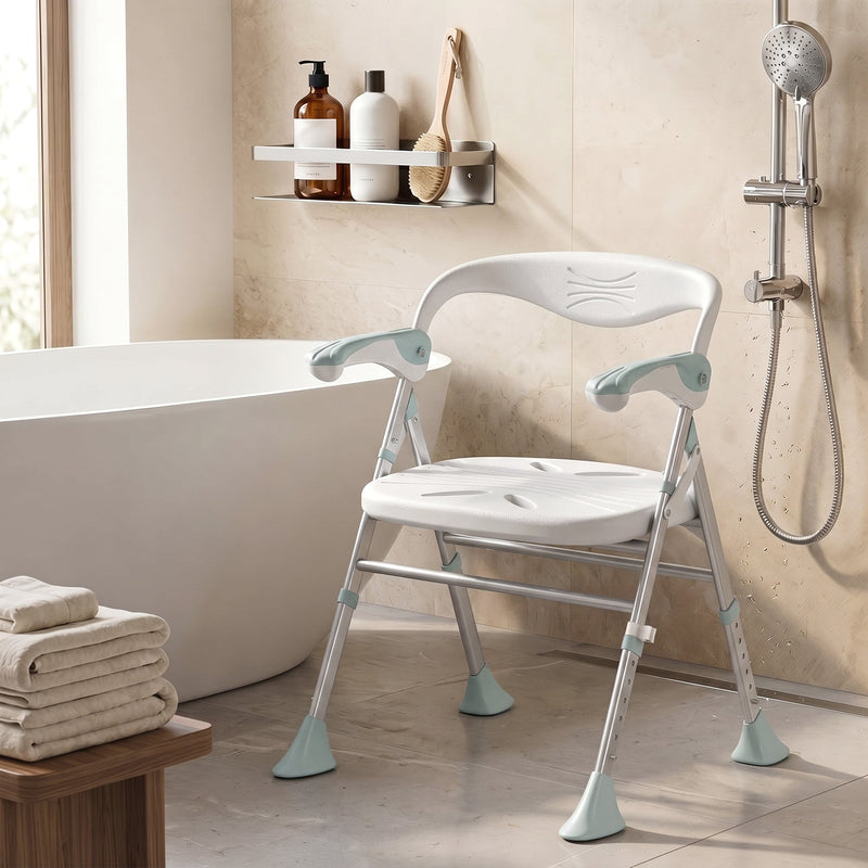 Shower chair positioned beside a bathtub and walk-in shower with a wall-mounted shower head