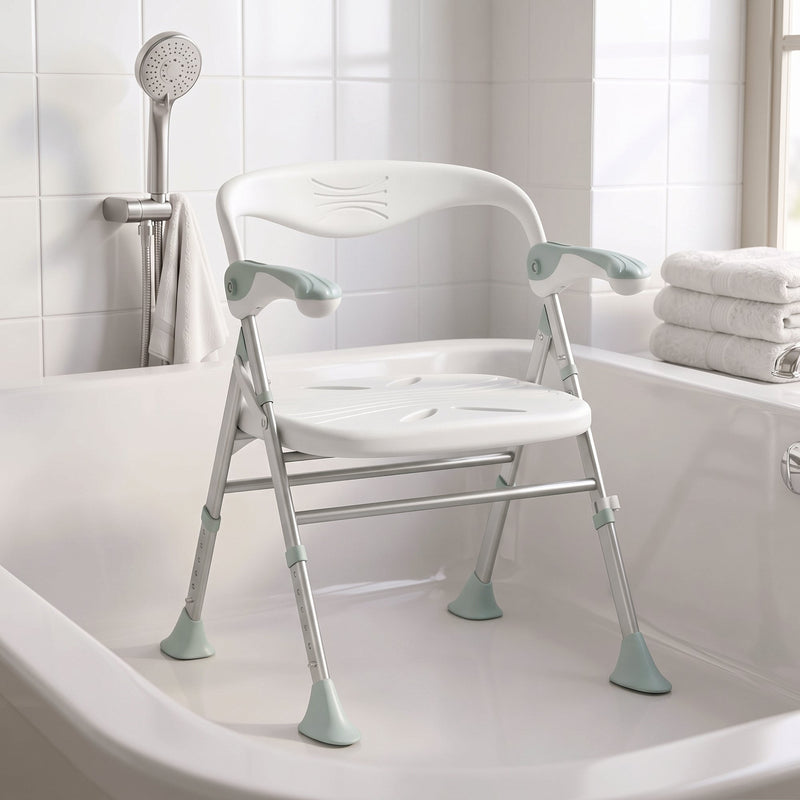 Shower chair placed inside a bathtub beside a shower head and folded towels
