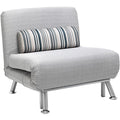 Grey convertible chair bed with striped bolster pillow, front angle