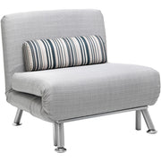 Grey convertible chair bed with striped bolster pillow, front angle