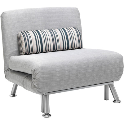 Grey convertible chair bed with striped bolster pillow, front angle