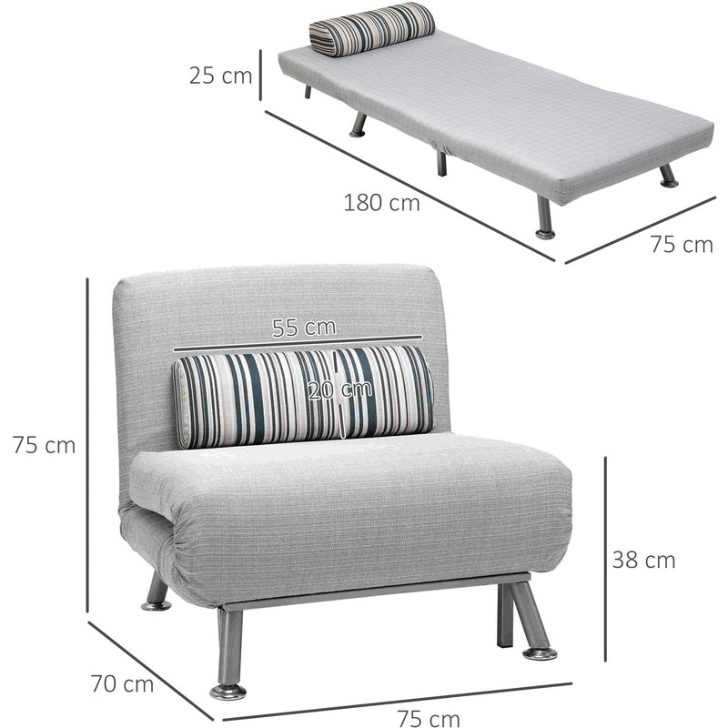 Chair and bed dimension diagram: 75W x 70D x 75H cm chair, 180L x 75W x 25H cm bed