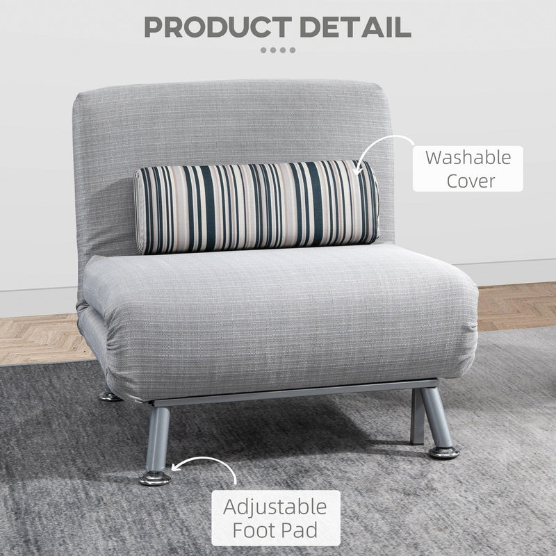 Close-up of washable cover and adjustable foot pad on grey chair bed